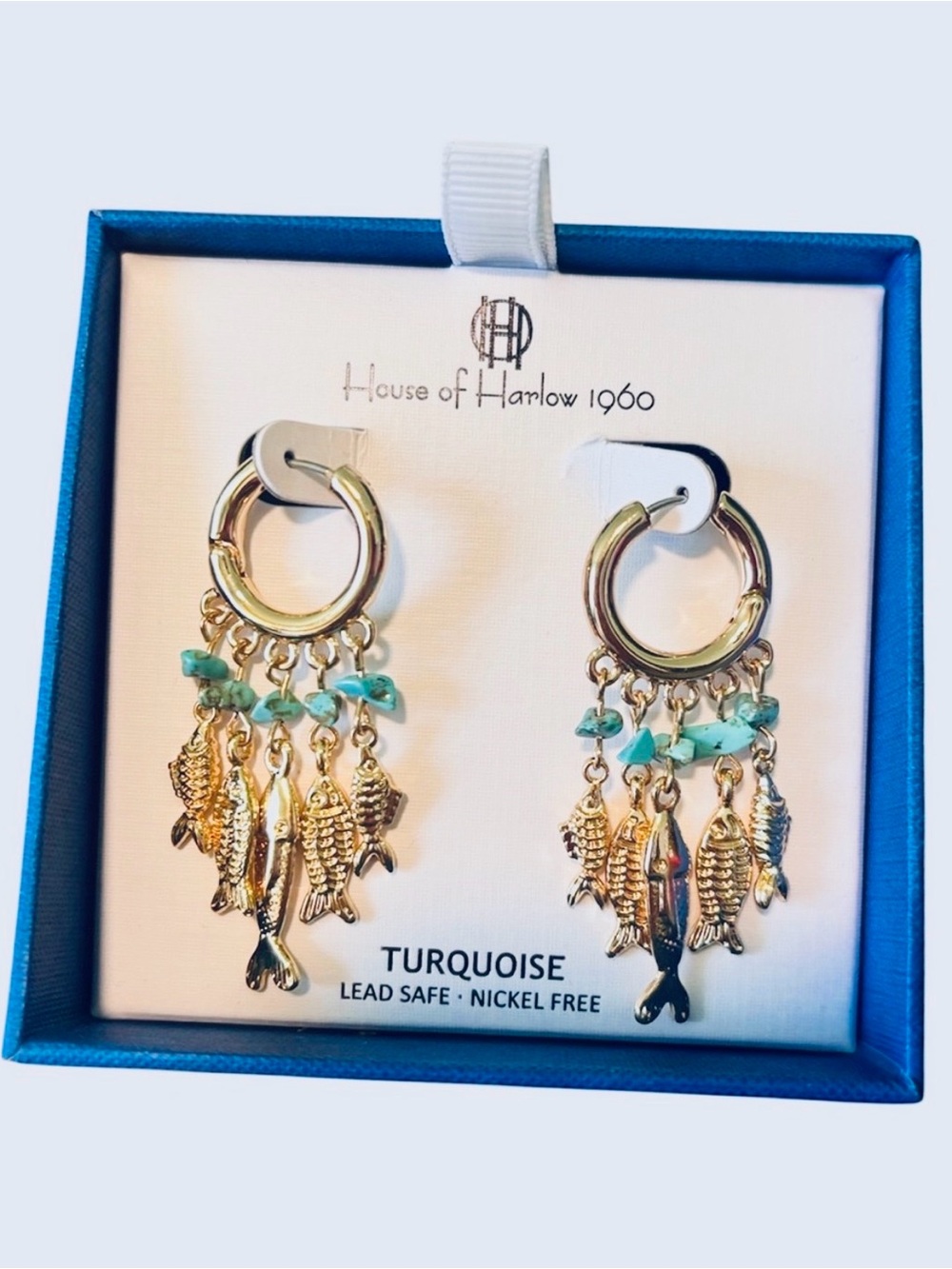 House of Harlow 1960 Gold Hoop Earrings with Turquoise Beads and Fish Charms